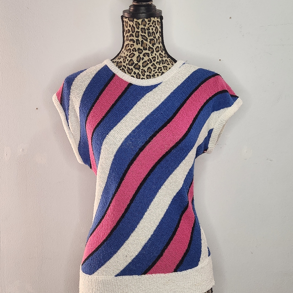 Vintage Crewneck Sweater in White, Blue & Pink